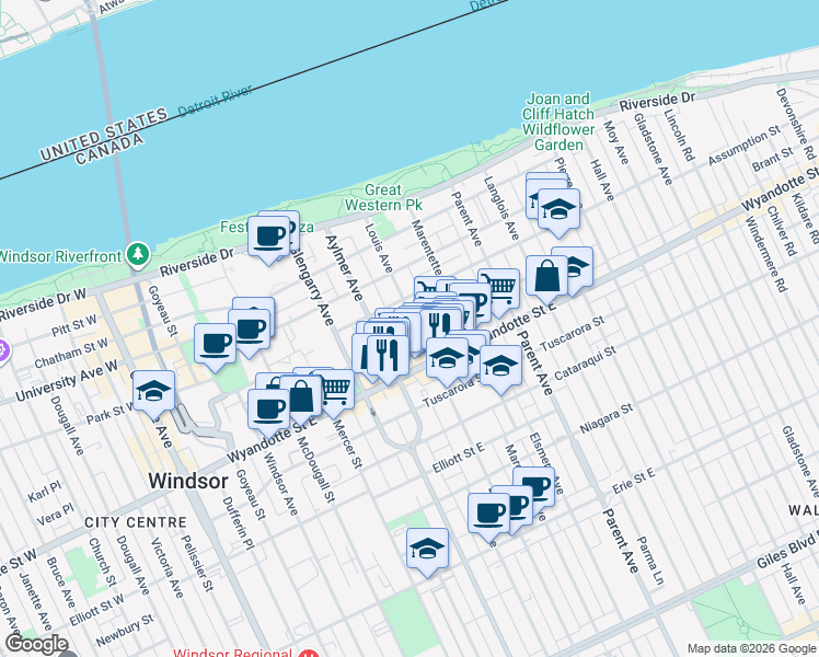 map of restaurants, bars, coffee shops, grocery stores, and more near 671 Brant Street in Windsor