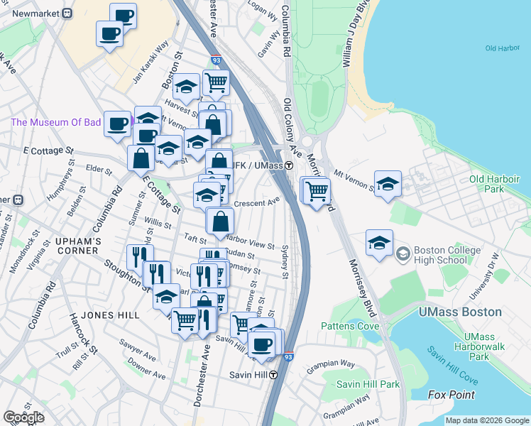 map of restaurants, bars, coffee shops, grocery stores, and more near 21 Spring Garden Street in Boston