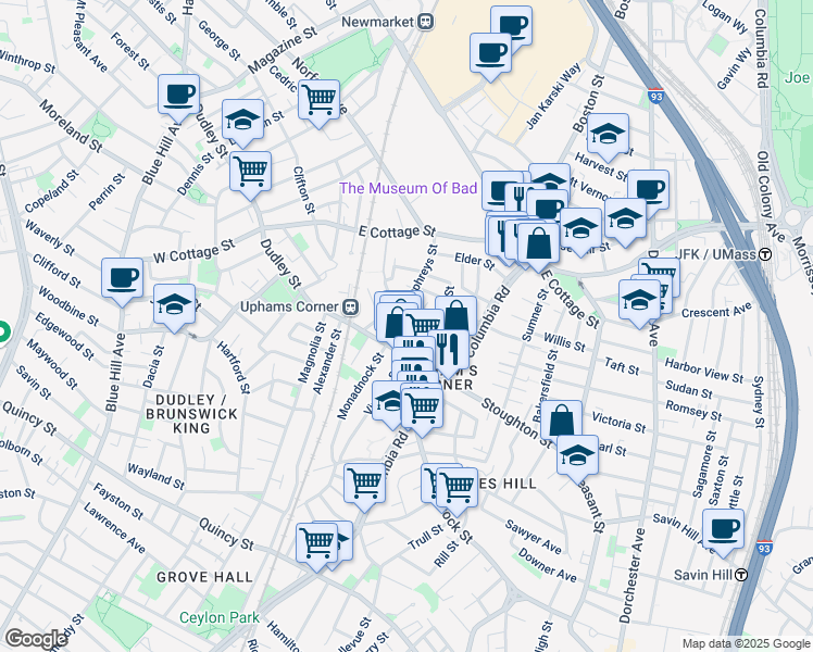 map of restaurants, bars, coffee shops, grocery stores, and more near 736 Dudley Street in Boston