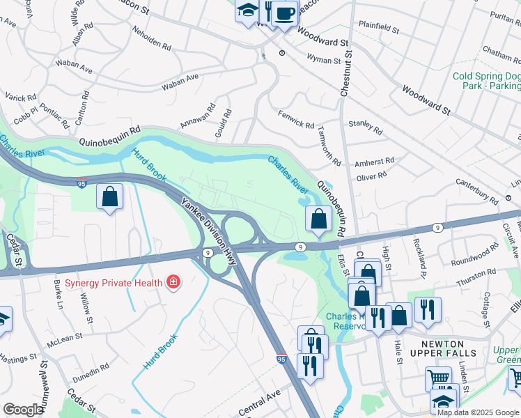 map of restaurants, bars, coffee shops, grocery stores, and more near 40 William Street in Wellesley