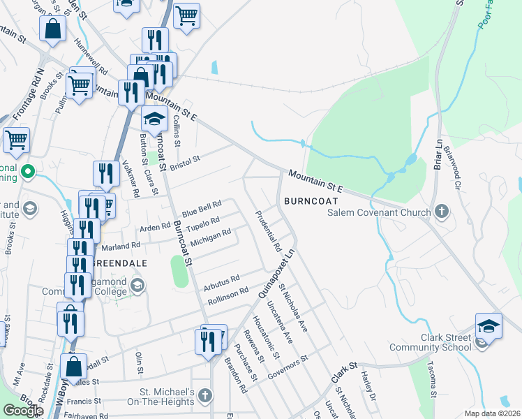 map of restaurants, bars, coffee shops, grocery stores, and more near 6 Saint Marks Road in Worcester