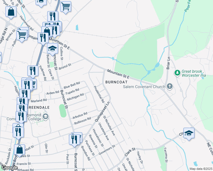 map of restaurants, bars, coffee shops, grocery stores, and more near 166 Quinapoxet Lane in Worcester