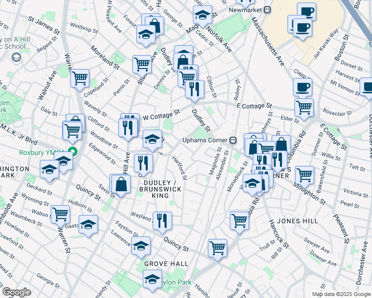 map of restaurants, bars, coffee shops, grocery stores, and more near 14 Woodward Park Street in Boston