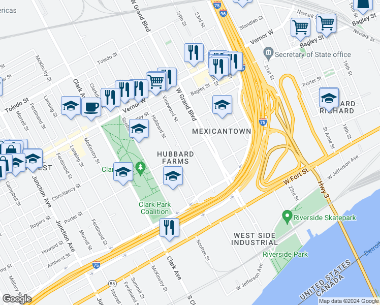 map of restaurants, bars, coffee shops, grocery stores, and more near 3901 Porter Street in Detroit