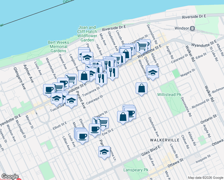 map of restaurants, bars, coffee shops, grocery stores, and more near 809 Pierre Avenue in Windsor