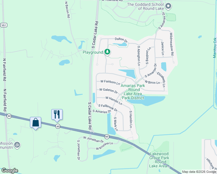 map of restaurants, bars, coffee shops, grocery stores, and more near 593 West Galeton Drive in Round Lake