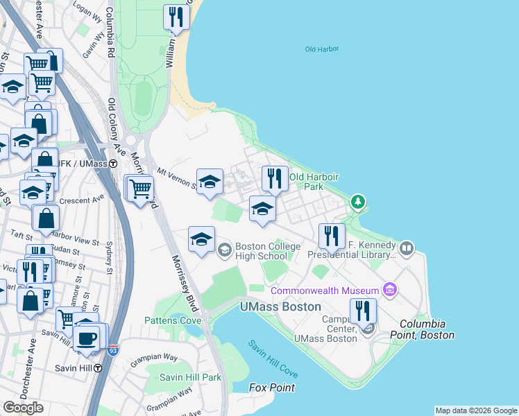 map of restaurants, bars, coffee shops, grocery stores, and more near 1 Harbor Point Boulevard in Boston
