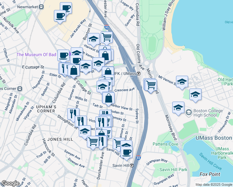 map of restaurants, bars, coffee shops, grocery stores, and more near 29 Raven Street in Boston