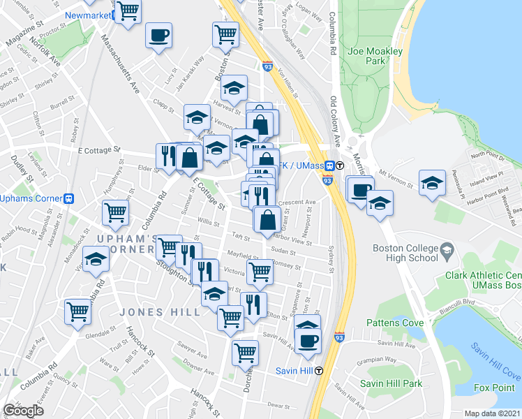map of restaurants, bars, coffee shops, grocery stores, and more near in Boston