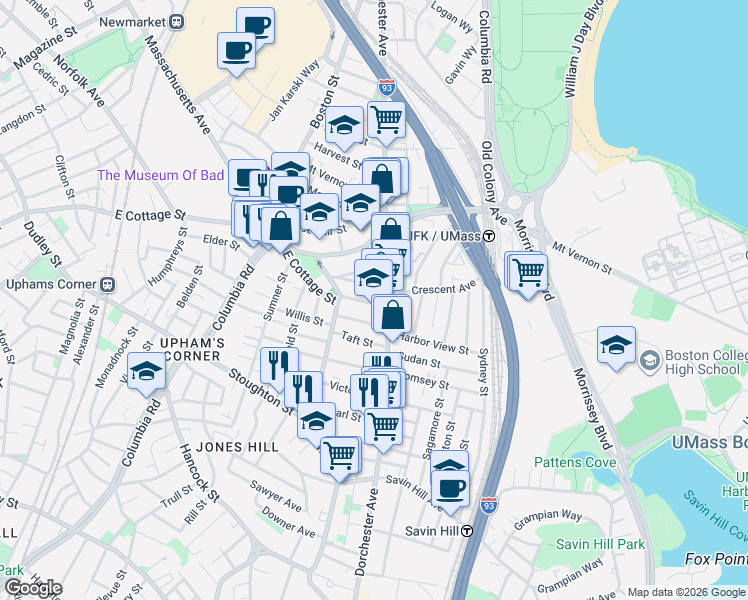 map of restaurants, bars, coffee shops, grocery stores, and more near 15 Howes Street in Boston