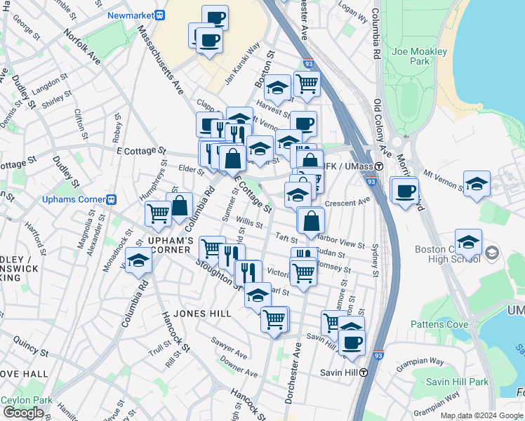 map of restaurants, bars, coffee shops, grocery stores, and more near 9 Willis Street in Boston