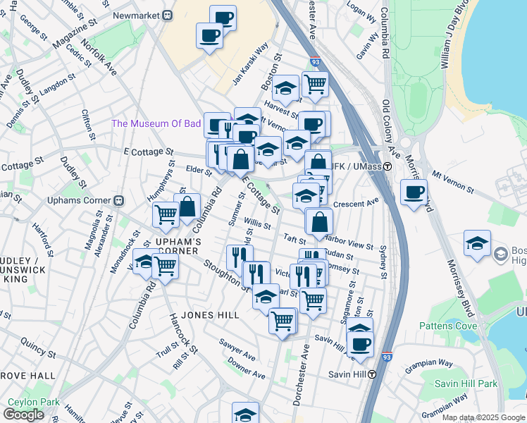 map of restaurants, bars, coffee shops, grocery stores, and more near 9 Willis Street in Boston