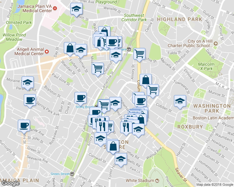 map of restaurants, bars, coffee shops, grocery stores, and more near 171 Amory Street in Boston