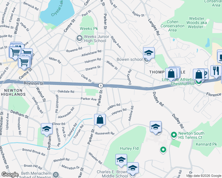 map of restaurants, bars, coffee shops, grocery stores, and more near 27 Sheldon Road in Newton