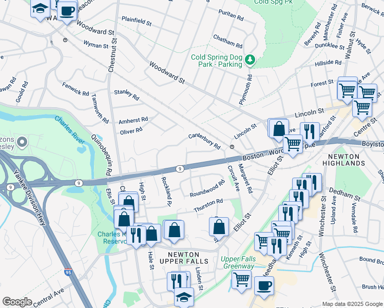 map of restaurants, bars, coffee shops, grocery stores, and more near 1181 Boylston Street in Newton