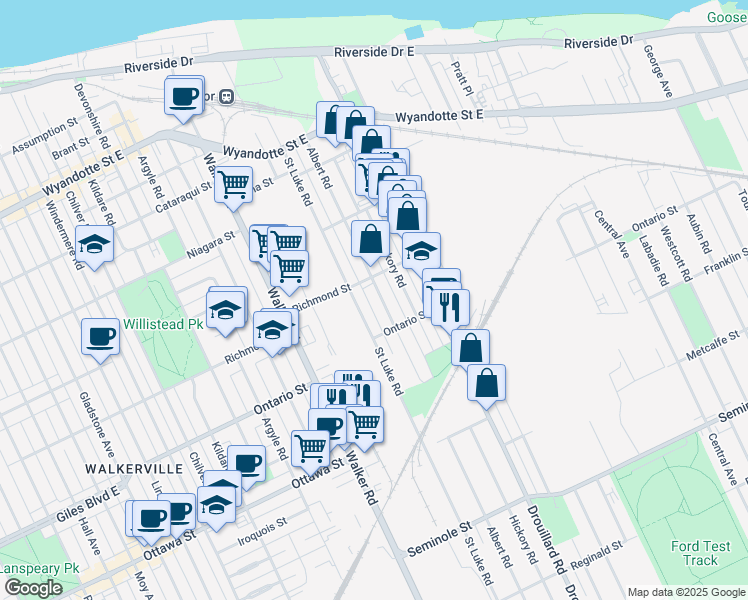 map of restaurants, bars, coffee shops, grocery stores, and more near in Windsor