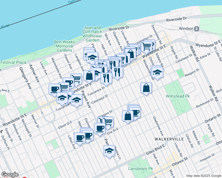 map of restaurants, bars, coffee shops, grocery stores, and more near 809 Pierre Avenue in Windsor