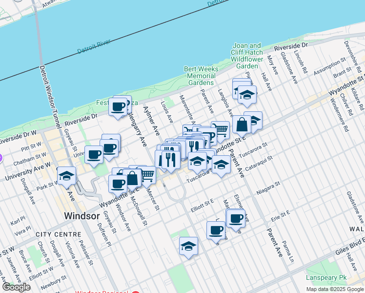 map of restaurants, bars, coffee shops, grocery stores, and more near 671 Brant Street in Windsor