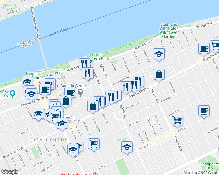 map of restaurants, bars, coffee shops, grocery stores, and more near 495 Aylmer Avenue in Windsor