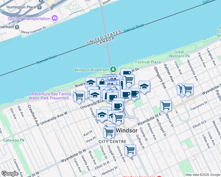 map of restaurants, bars, coffee shops, grocery stores, and more near 32 University Avenue East in Windsor