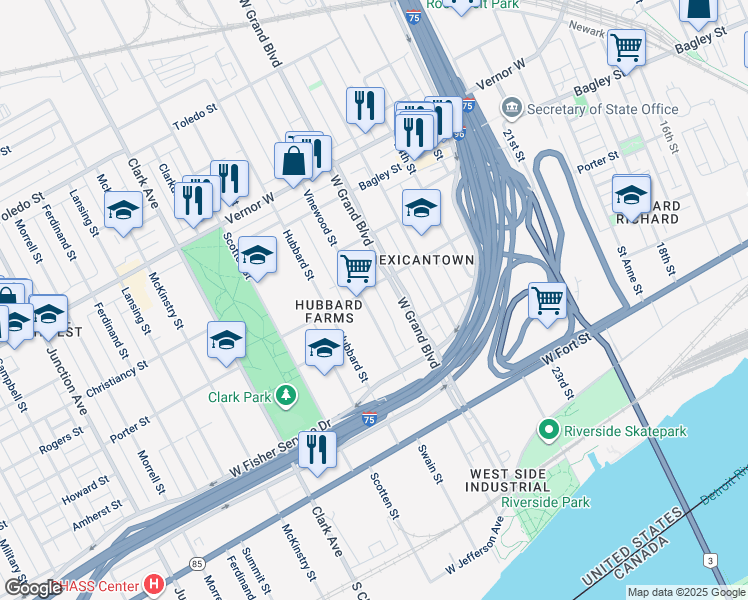 map of restaurants, bars, coffee shops, grocery stores, and more near 1145 Vinewood Street in Detroit