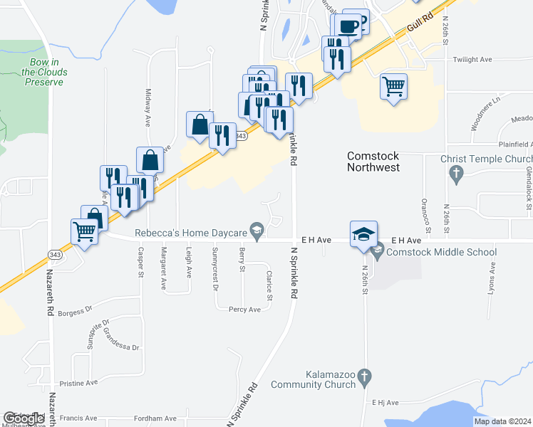 map of restaurants, bars, coffee shops, grocery stores, and more near in Comstock Township