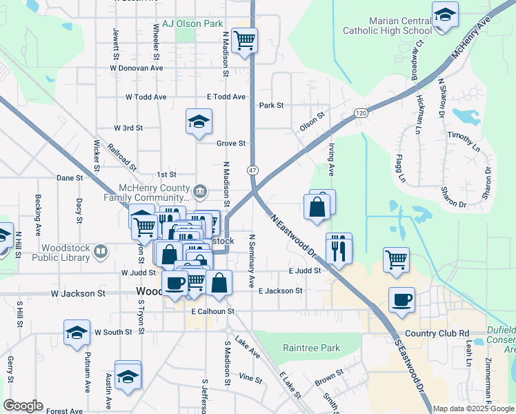 map of restaurants, bars, coffee shops, grocery stores, and more near 418 North Seminary Avenue in Woodstock