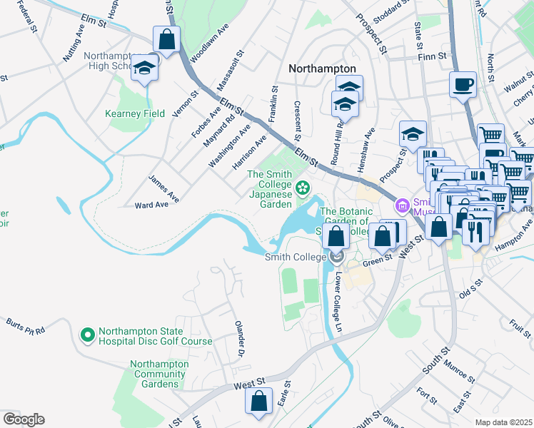 map of restaurants, bars, coffee shops, grocery stores, and more near 62 Paradise Road in Northampton