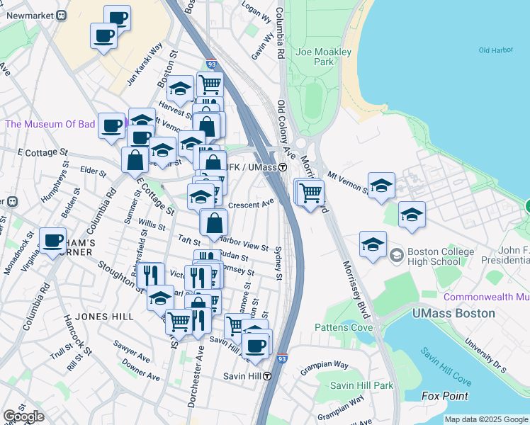 map of restaurants, bars, coffee shops, grocery stores, and more near 21 Spring Garden Street in Boston