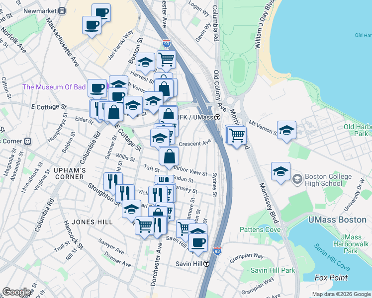 map of restaurants, bars, coffee shops, grocery stores, and more near 29 Raven Street in Boston