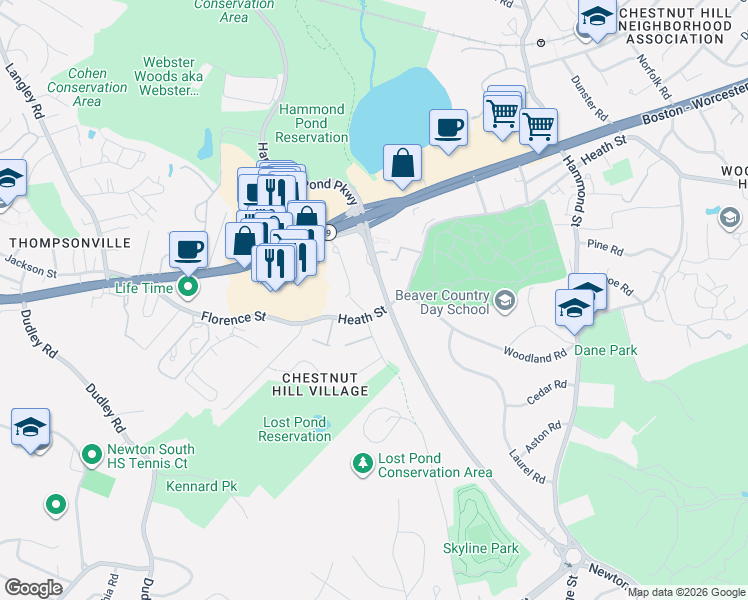 map of restaurants, bars, coffee shops, grocery stores, and more near 779 Belmont Road in Brookline