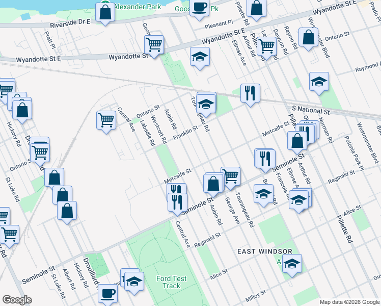map of restaurants, bars, coffee shops, grocery stores, and more near 1394 Aubin Road in Windsor