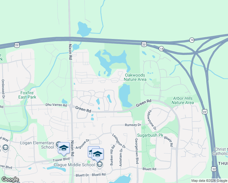 map of restaurants, bars, coffee shops, grocery stores, and more near 3075 Whisperwood Drive in Ann Arbor