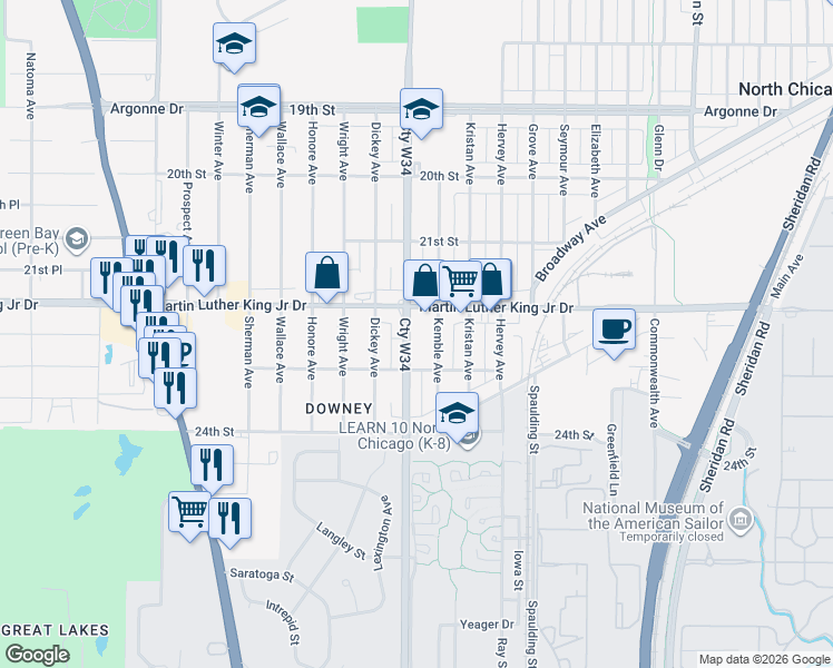 map of restaurants, bars, coffee shops, grocery stores, and more near 2236 Lewis Avenue in North Chicago
