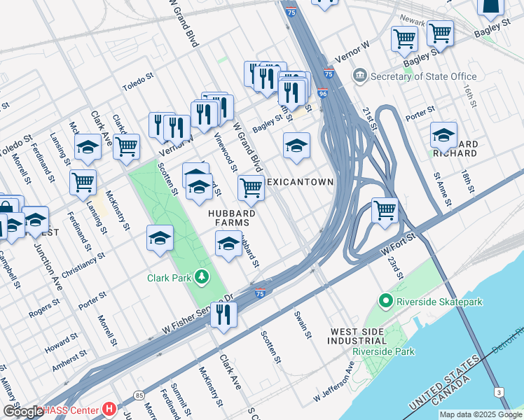 map of restaurants, bars, coffee shops, grocery stores, and more near 1172 Vinewood Street in Detroit