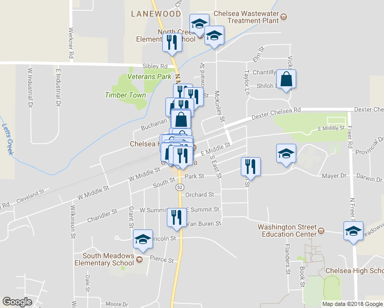 map of restaurants, bars, coffee shops, grocery stores, and more near 125 East Middle Street in Chelsea
