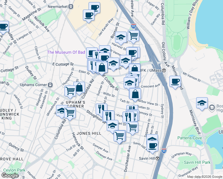 map of restaurants, bars, coffee shops, grocery stores, and more near 9 Willis Street in Boston