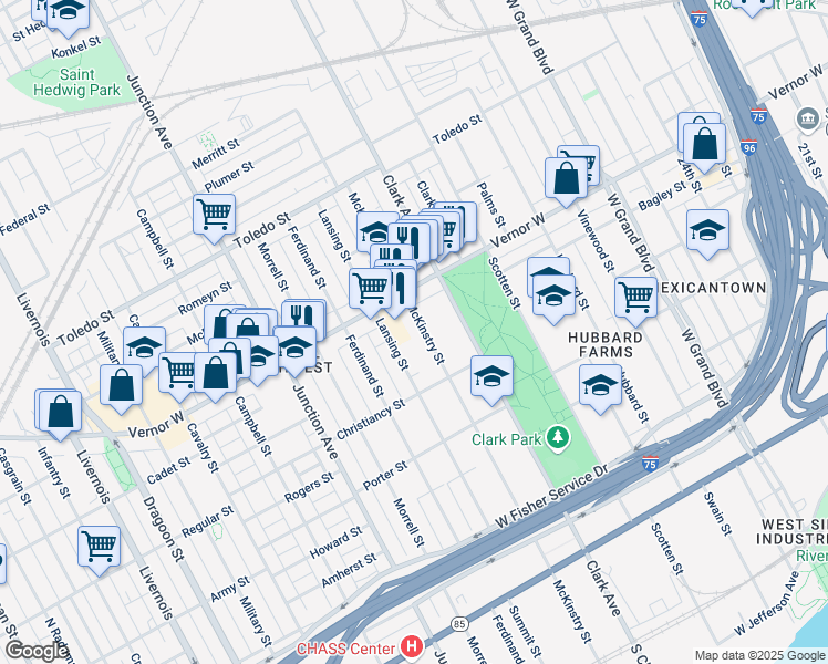 map of restaurants, bars, coffee shops, grocery stores, and more near 1578 Lansing Street in Detroit