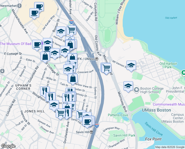 map of restaurants, bars, coffee shops, grocery stores, and more near 21 Spring Garden Street in Boston