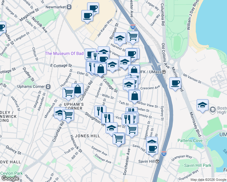 map of restaurants, bars, coffee shops, grocery stores, and more near 9 Willis Street in Boston
