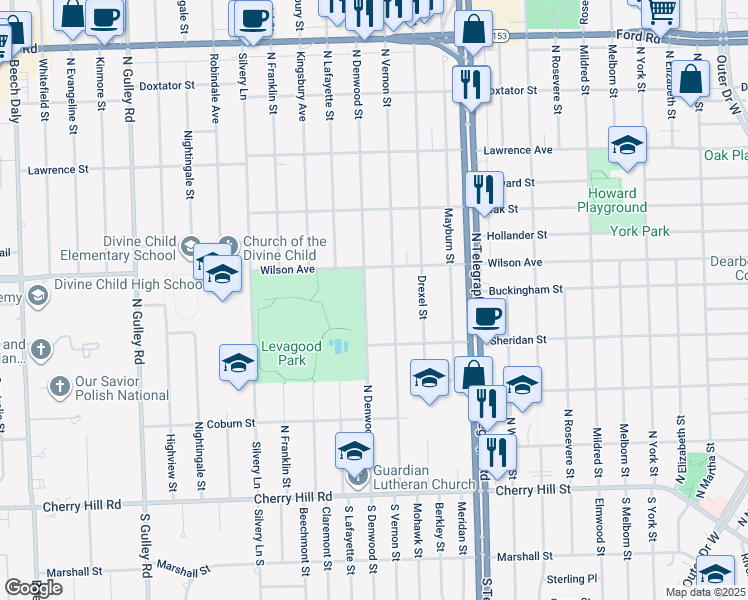 map of restaurants, bars, coffee shops, grocery stores, and more near 904 North Denwood Street in Dearborn