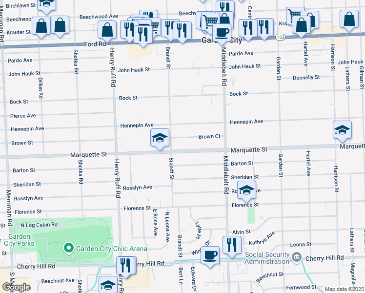 map of restaurants, bars, coffee shops, grocery stores, and more near 29669 Marquette Street in Garden City