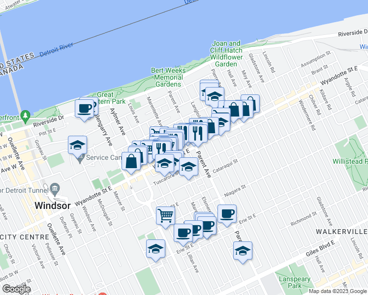 map of restaurants, bars, coffee shops, grocery stores, and more near 686 Marentette Avenue in Windsor