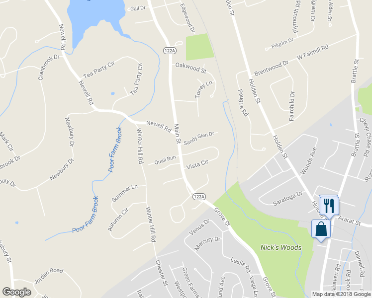 map of restaurants, bars, coffee shops, grocery stores, and more near 122 Main Street in Holden