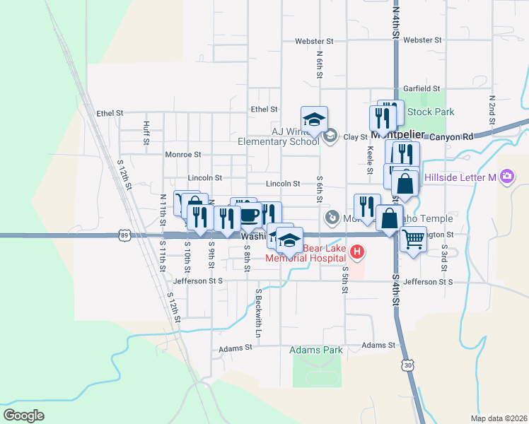 map of restaurants, bars, coffee shops, grocery stores, and more near 735 Grant Street in Montpelier