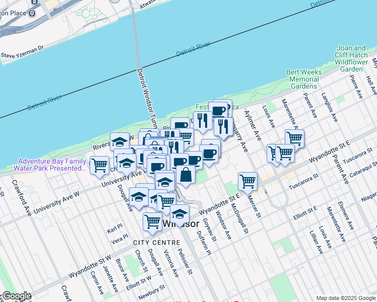 map of restaurants, bars, coffee shops, grocery stores, and more near 215 Chatham Street East in Windsor