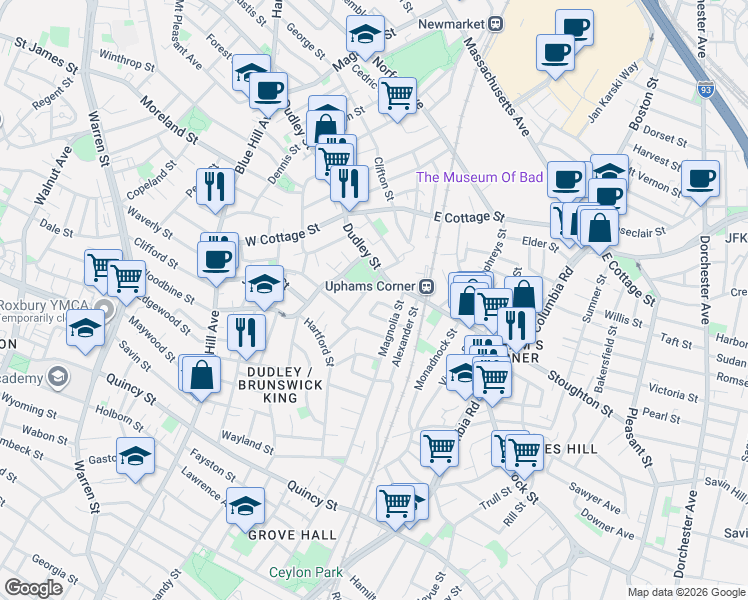 map of restaurants, bars, coffee shops, grocery stores, and more near 29 Woodford Street in Boston