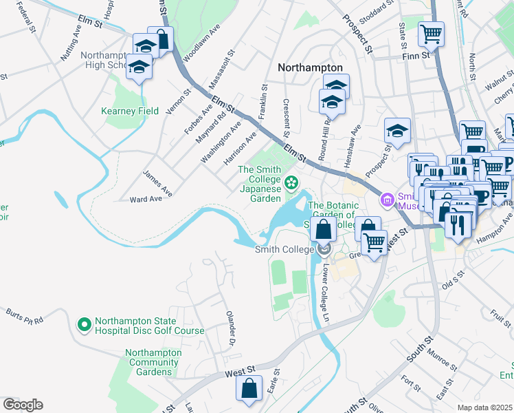 map of restaurants, bars, coffee shops, grocery stores, and more near 66 Paradise Road in Northampton