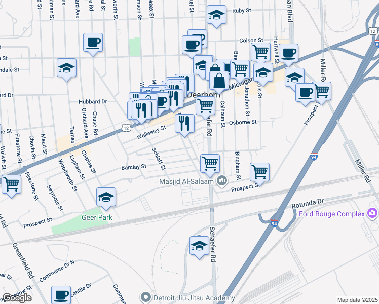 map of restaurants, bars, coffee shops, grocery stores, and more near 13859 Barclay Street in Dearborn