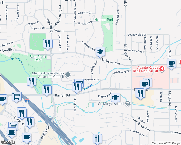 map of restaurants, bars, coffee shops, grocery stores, and more near 723 South Modoc Avenue in Medford